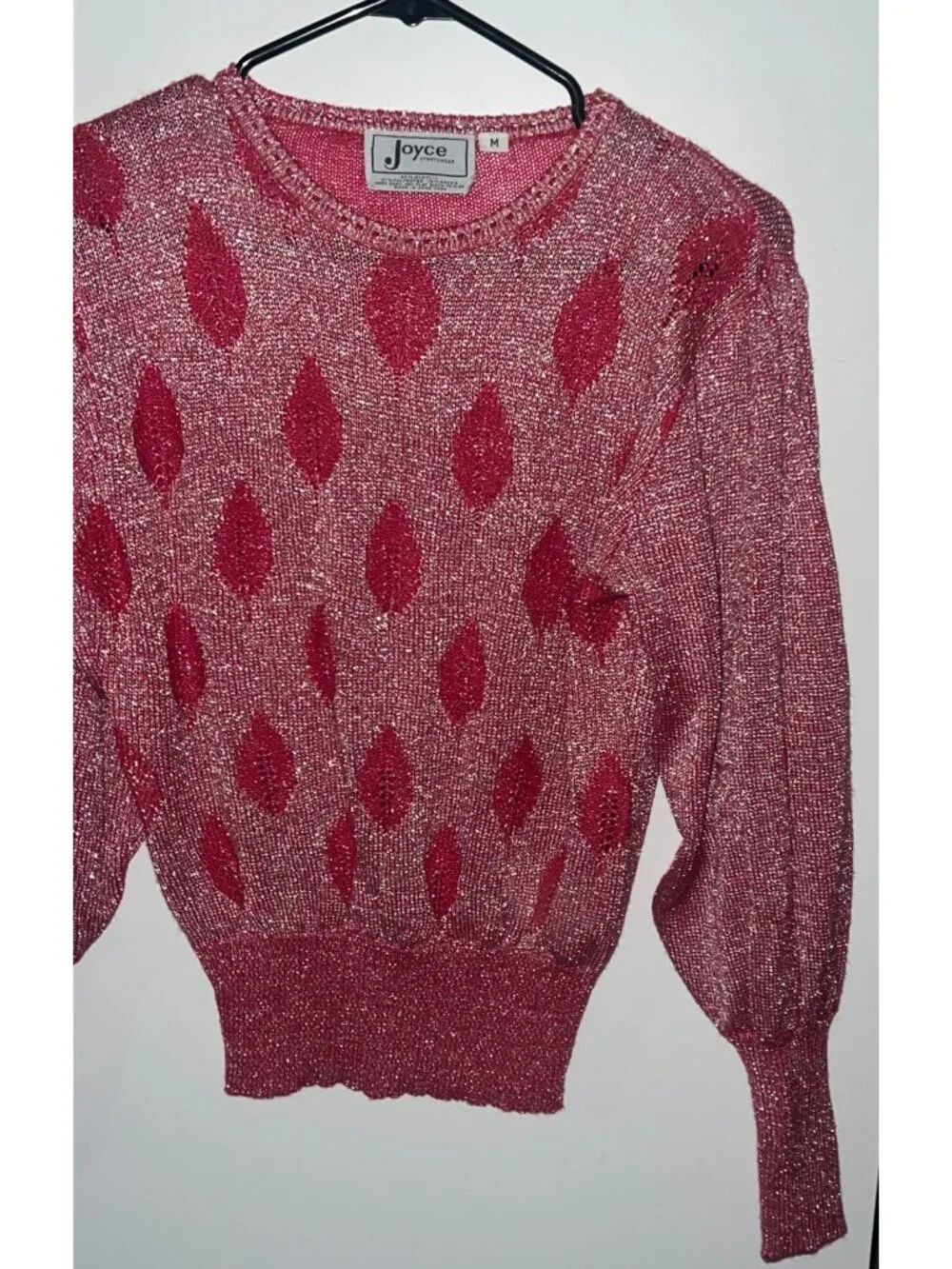 Vintage pink leaf print shimmery long sleeve sweater size M round neckline crop